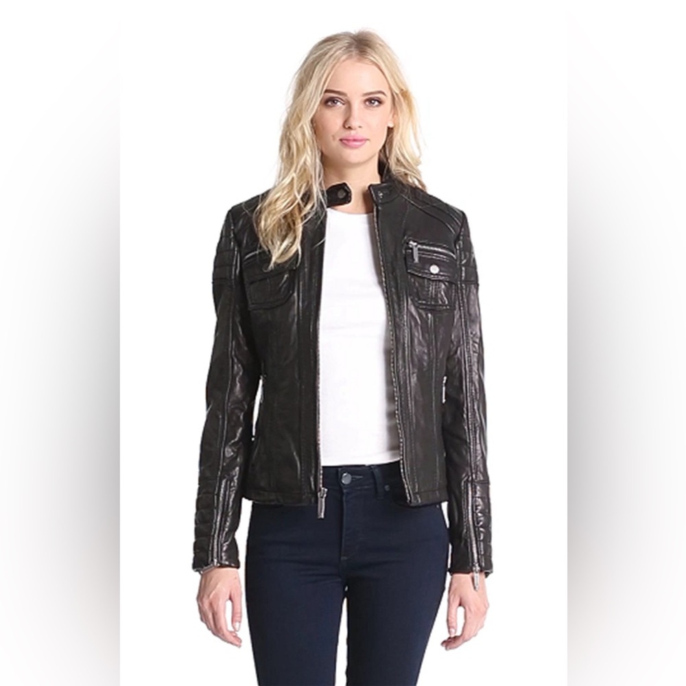 MICHAEL Michael Kors Navy Quilt Trim Leather Scuba Jacket Size S - Picture 3 of 16